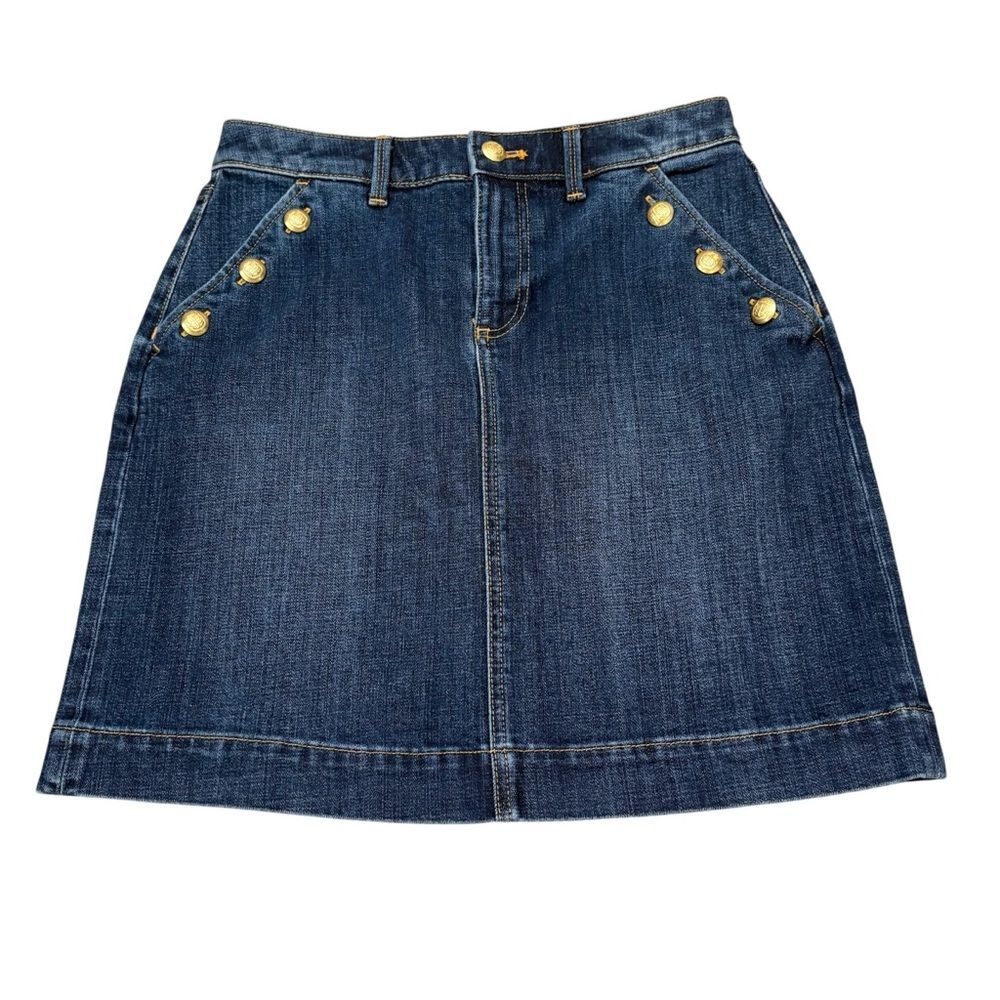 Talbots Denim Gold Button Sailor Skirt Plam Wash Size 4P Petite